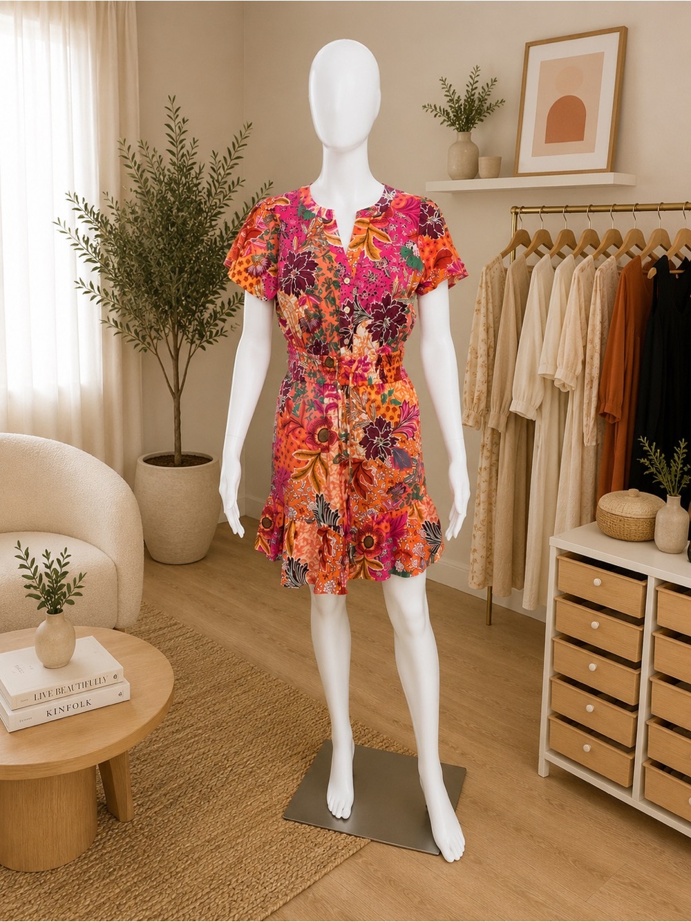LOFT Orange & Pink Floral Midi Dress